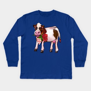 cute funny cow holding a red rose in it’s mouth and sporting a scarf with red love hearts Happy Valentines Day Kids Long Sleeve T-Shirt